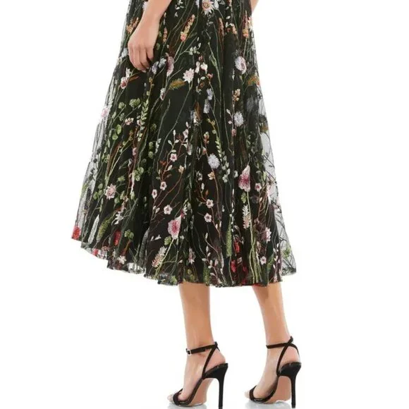 Mac Duggal Black Multi Floral Embroidered Mesh Midi Cocktail Dress - Picture 4 of 5